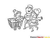 Famille shopping dessin noir et blanc, coloriage