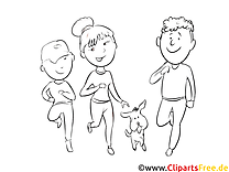 Familie plimbându-se cu câine desen alb-negru, pagină de colorat