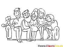 Illustration schwarz-weiß zum Drucken und Ausmalen Familie auf dem Sofa