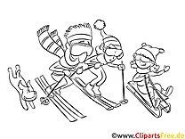 Illustration schwarz-weiß zum Drucken und Ausmalen Familie im Skiurlaub