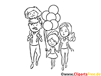 Jeune famille avec enfants - images dessinées en noir et blanc