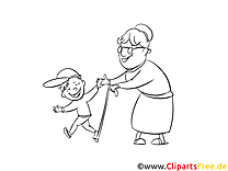 desenho de Vovó andando com o neto para colorir