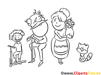 Ilustração de vovó, vovô e netos em preto e branco para imprimir e colorir