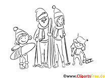 Ilustración de vacaciones en familia en blanco y negro para imprimir y colorear