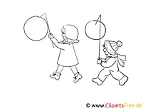 Kinder mit Laternen Bild schwarz-weiß, Illustration, Grafik zum Ausmalen