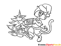 Ausmalbild zum Ausdrucken Katze am Weihnachtsbaum