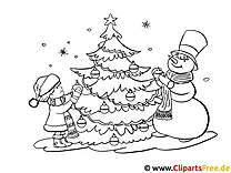 Malvorlage Advent mit Weihnachtbaum, Kinder und Schneemann