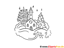 Christmas coloring - mountain village in winter