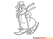 Planșă de colorat de Crăciun Om de zăpadă pe schiuri