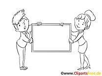 Mann und Frau halten Tafel Ausmalbilder für Kinder gratis