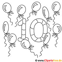 10 Luftballons - Zahlen Malvorlage